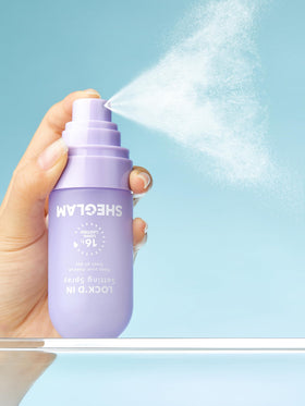 SHEGLAM Lock'd In Setting Spray packaging with dimensions