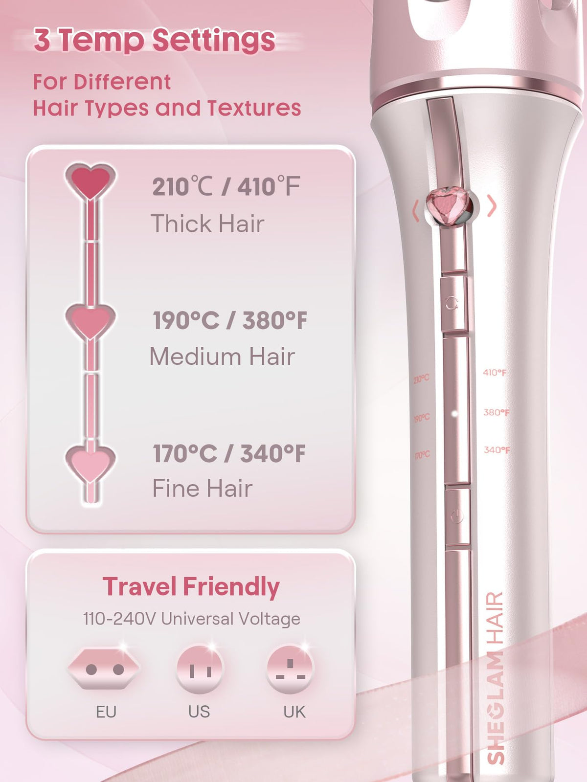 SHEGLAM Pink Curling Iron lifestyle scene with styled hair