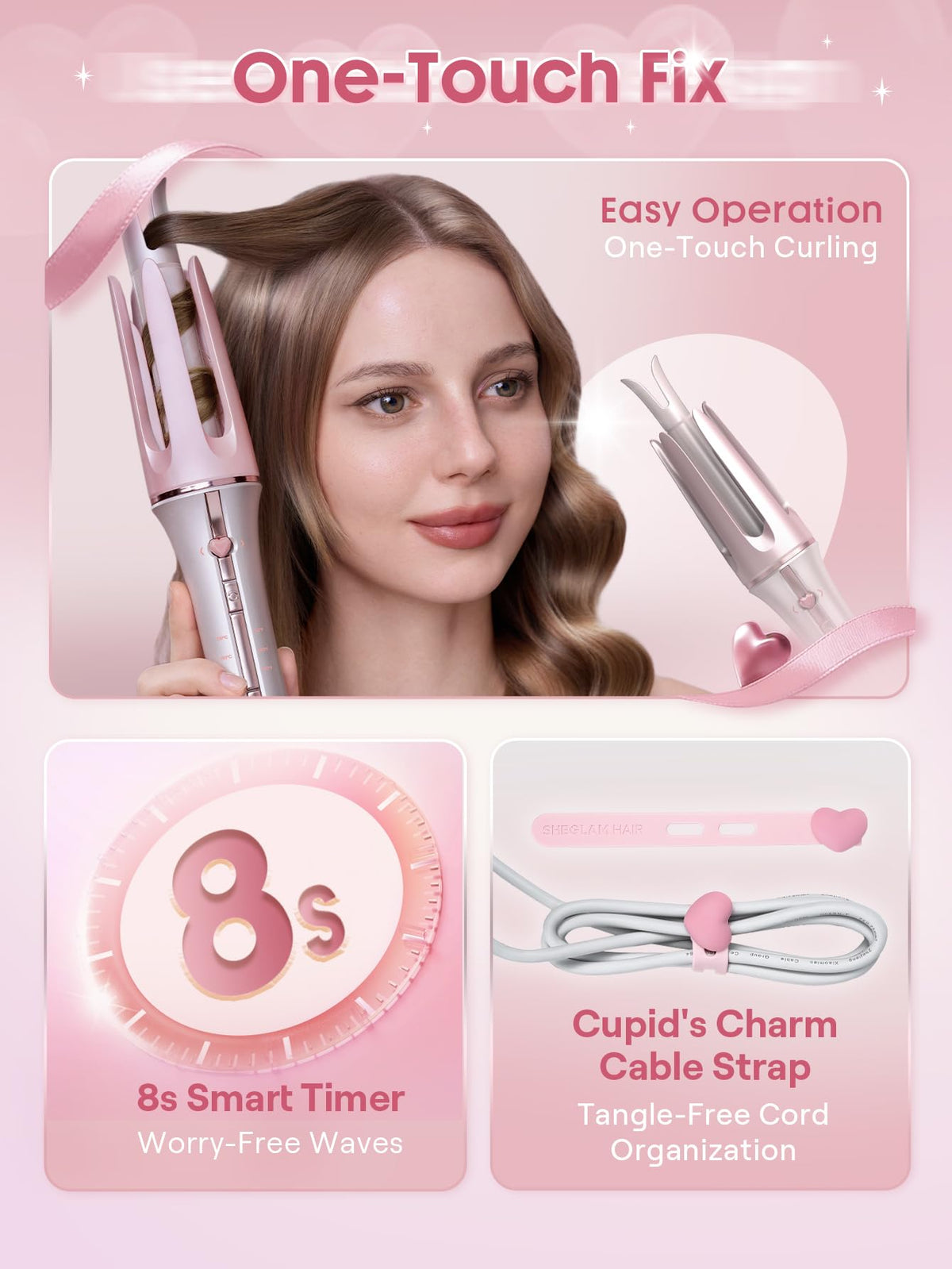 SHEGLAM Pink Curling Iron side view showing barrel