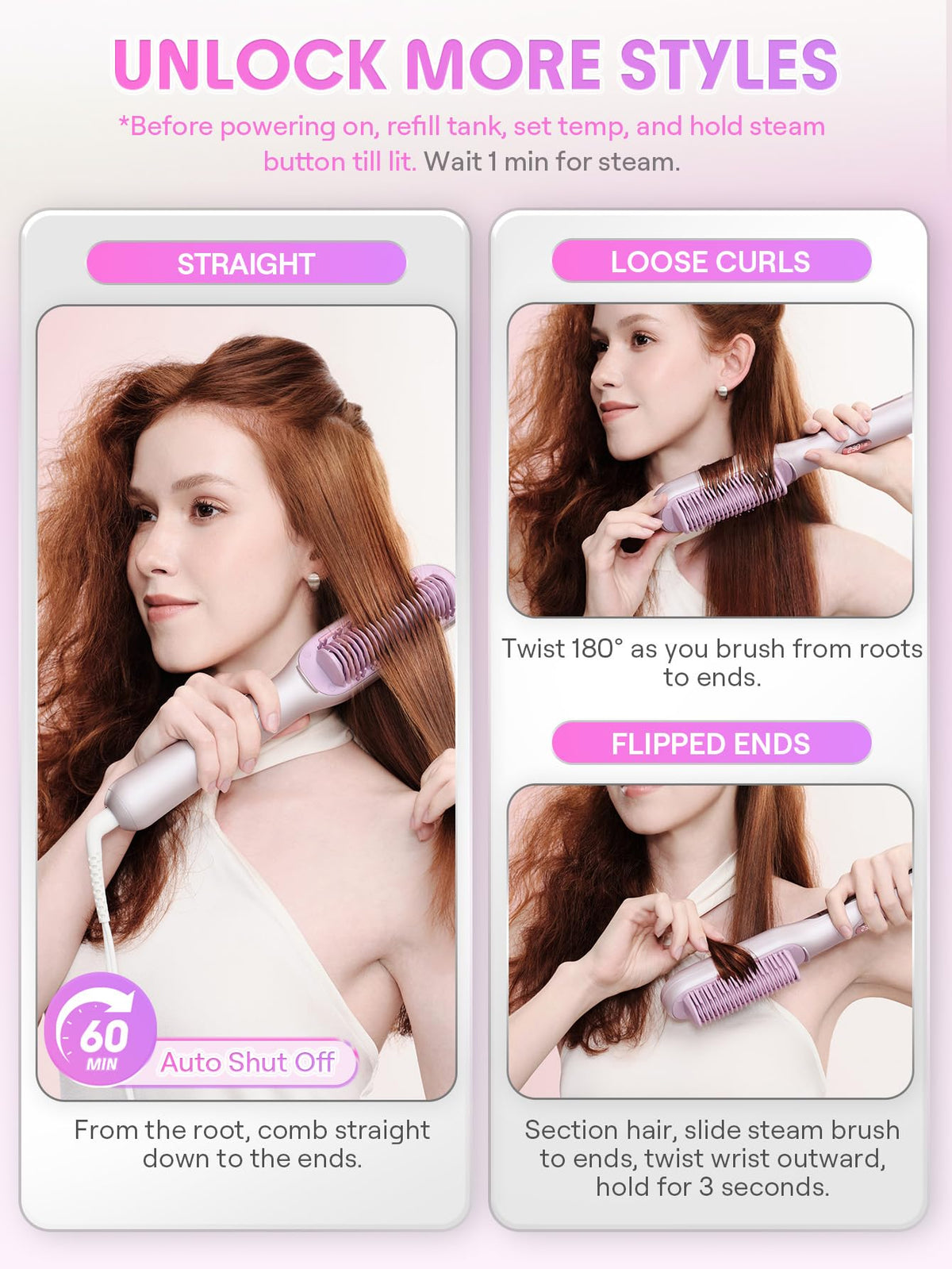 SHEGLAM Steam Straightener Brush displayed with targeted fill bottle