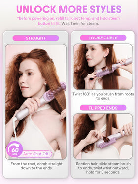 SHEGLAM Steam Straightener Brush displayed with targeted fill bottle