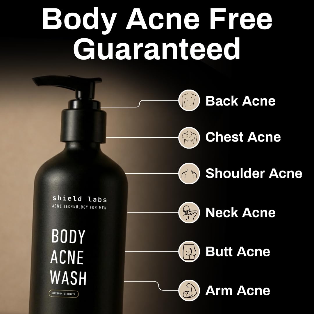 Shield Body Acne Wash with a towel and soap dish