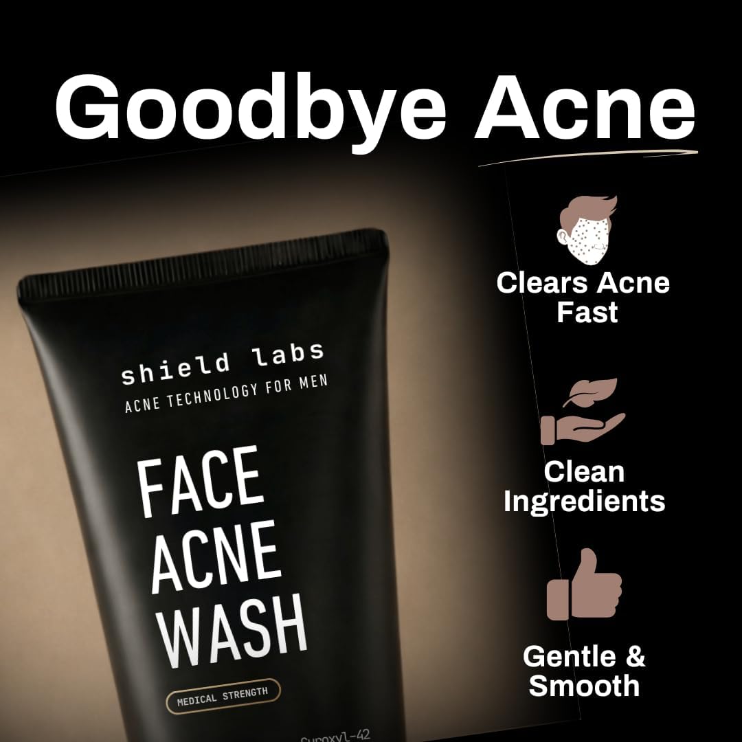 Shield Face Acne Wash for Men close-up of bottle