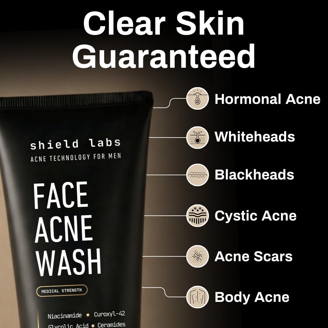Shield Face Acne Wash for Men in a bathroom setting