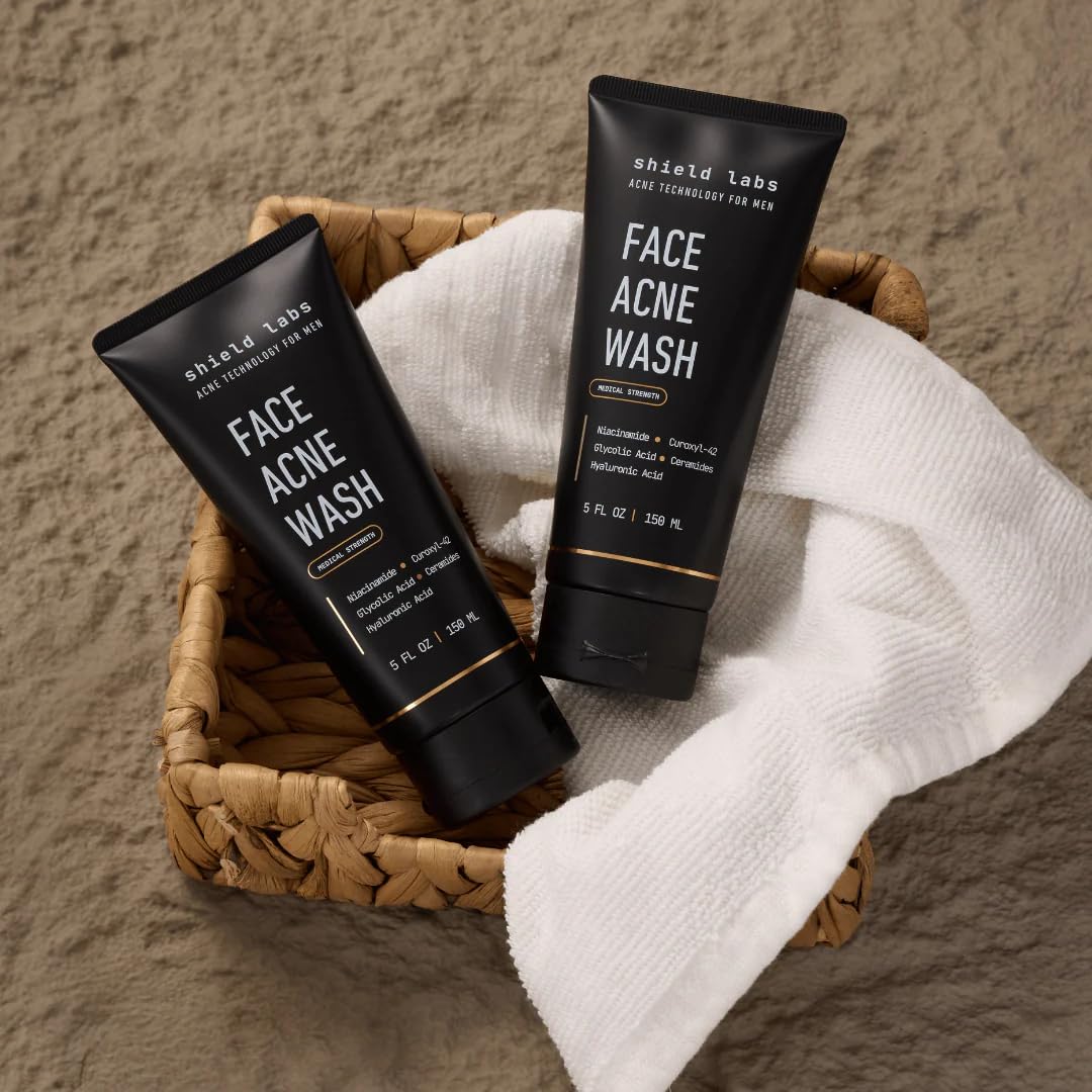Shield Face Acne Wash for Men packaging on a countertop