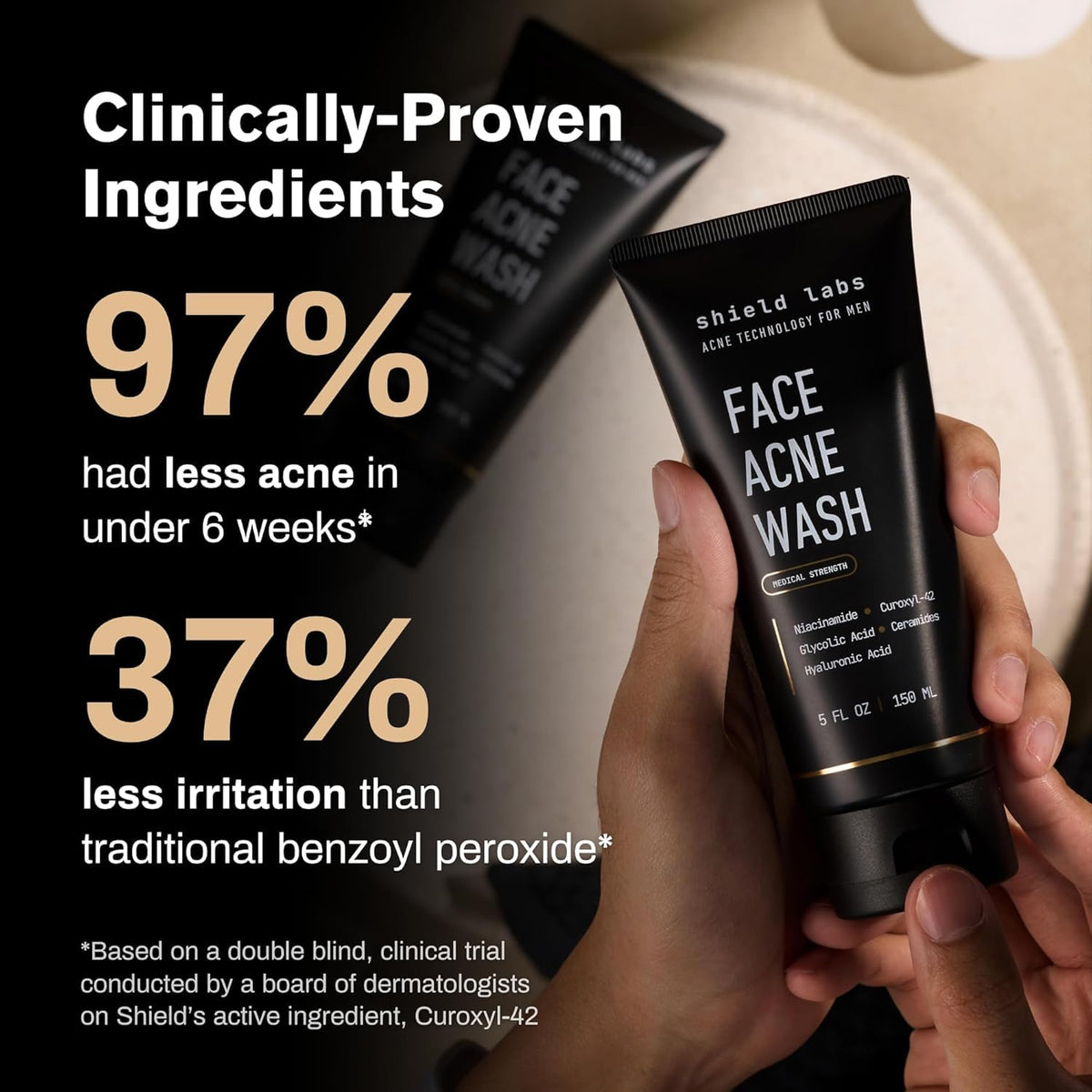 Shield Face Acne Wash for Men with ingredients list on back