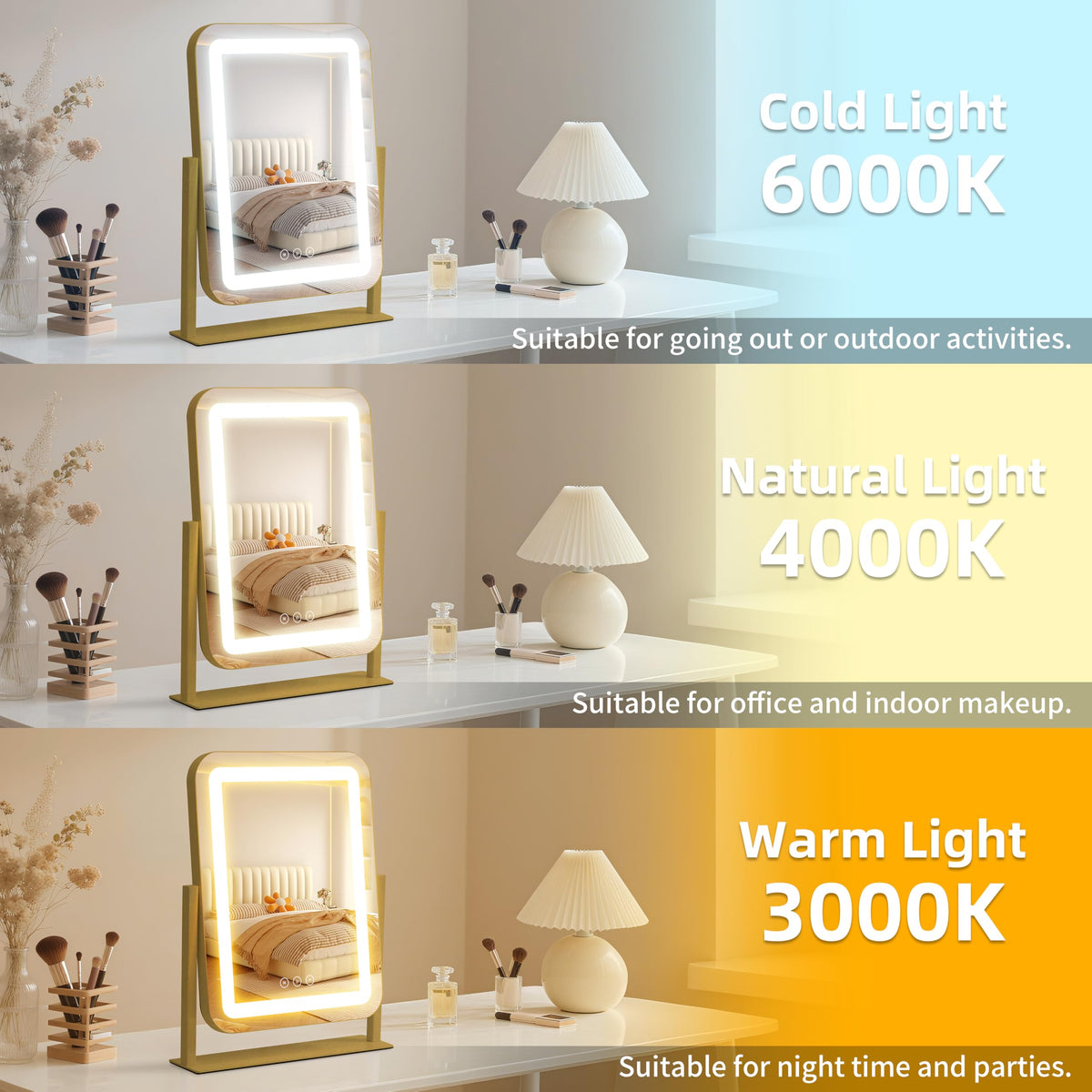 Shinerva LED Makeup Mirror with gold frame on a vanity