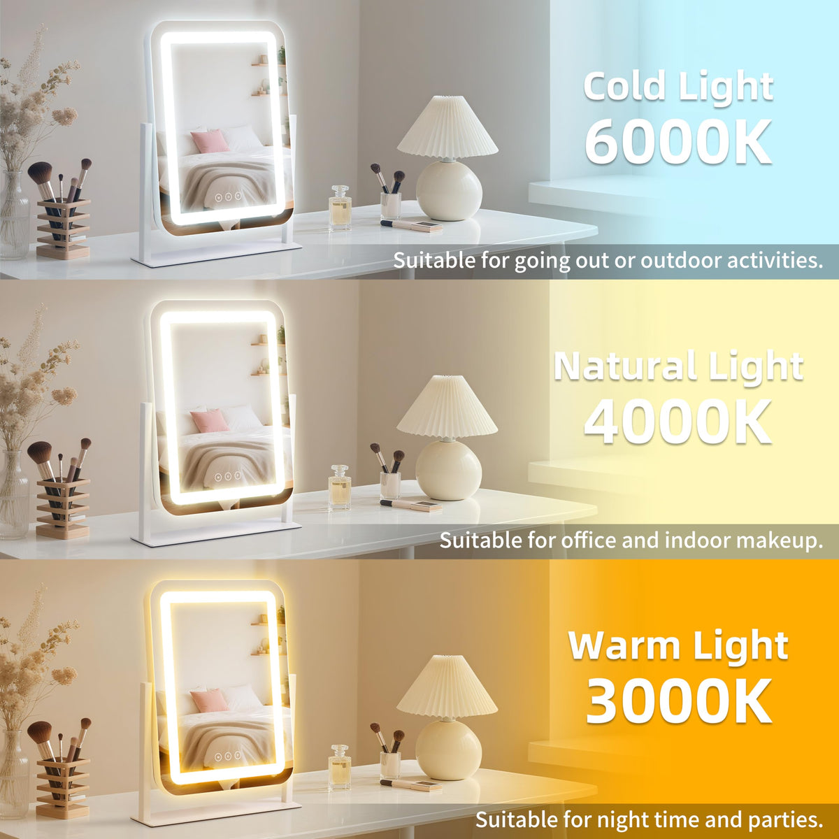 Shinerva LED Makeup Mirror with lights in a bedroom setup