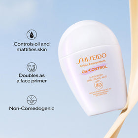 Shiseido Urban Environment Oil-Free Sunscreen packaging on a flat surface