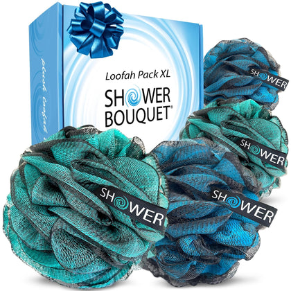 Shower Bouquet XL Charcoal Loofah 4-Pack front view with blue and green sponges