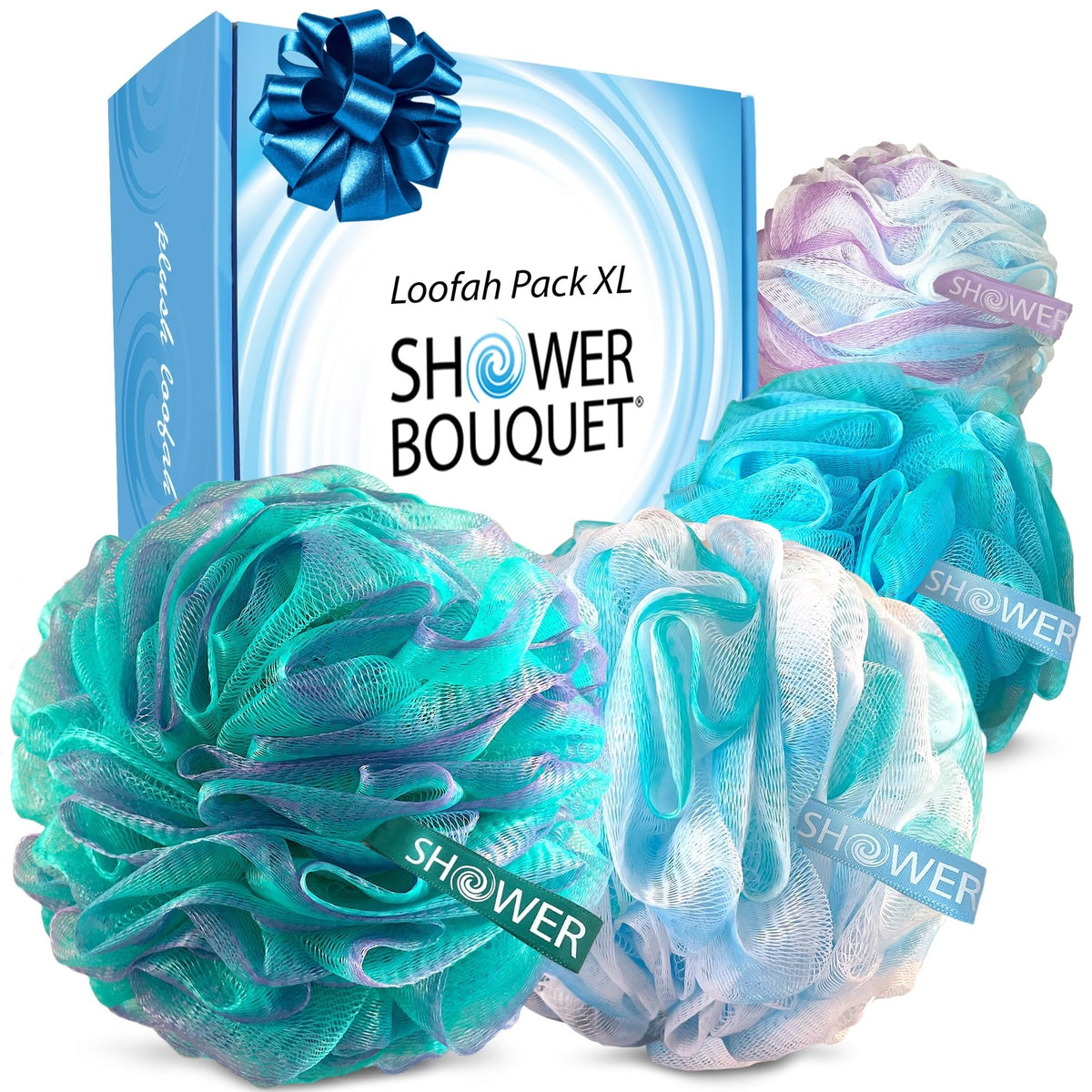 Shower Bouquet XL Loofah Bath Sponge 4-Pack in assorted colours