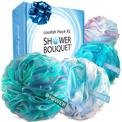 Shower Bouquet XL Loofah Bath Sponge 4-Pack in assorted colours