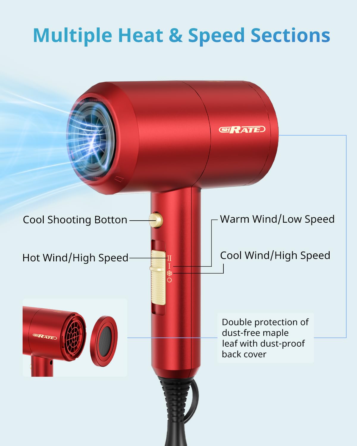 SHRATE Ionic Hair Dryer with all three nozzle attachments displayed