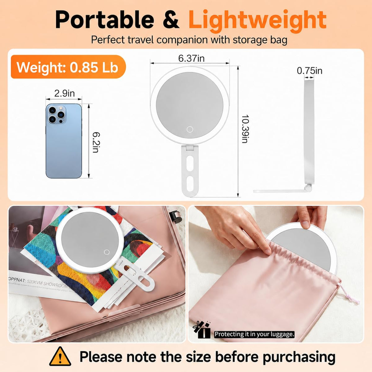 sicotool Travel Makeup Mirror side view with LED lights