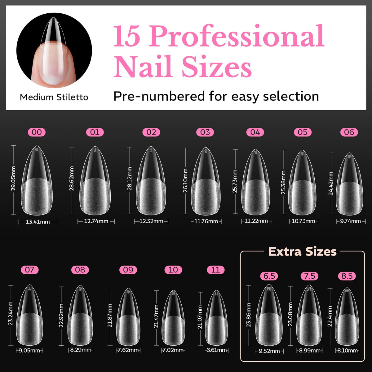 Side view of AZUREBEAUTY Medium Stiletto Nail Tips