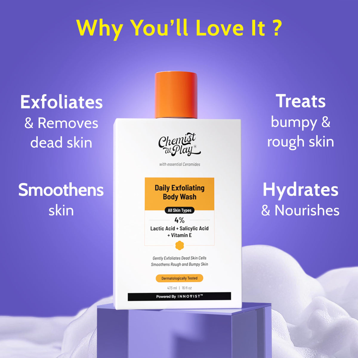 Side view of Chemist at Play Exfoliating Body Wash bottle