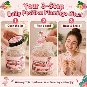 Side view of DEARMINE Positive Flamingo Jar with mini flamingo figurines