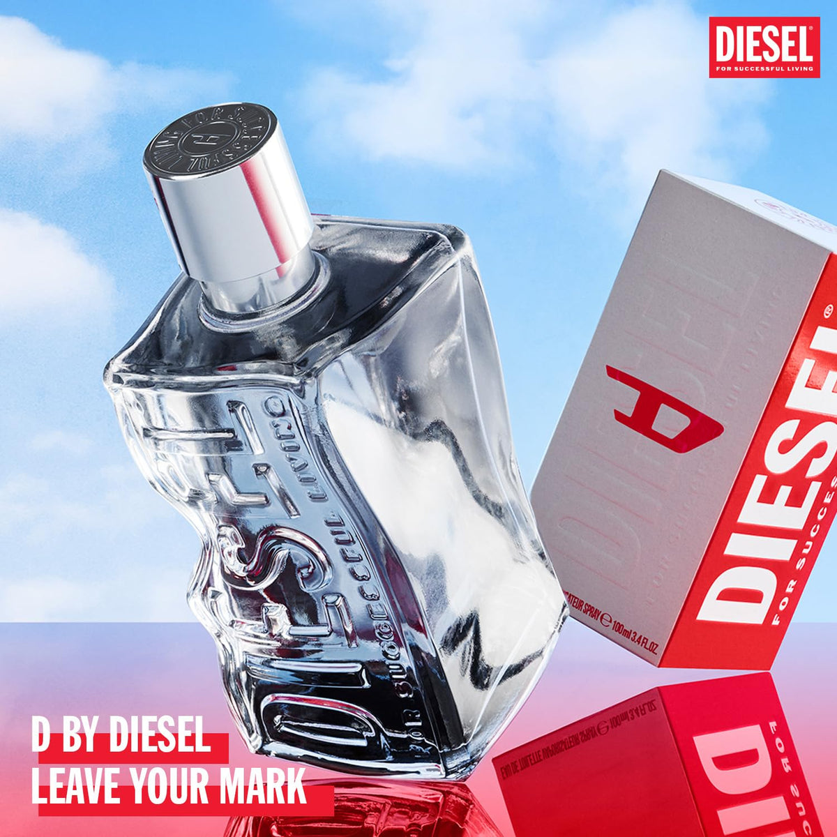 Side view of Diesel D Eau de Toilette with unique denim cotton accord
