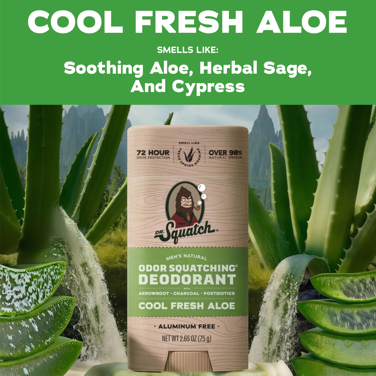 Side view of Dr. Squatch deodorant stick with ingredients list