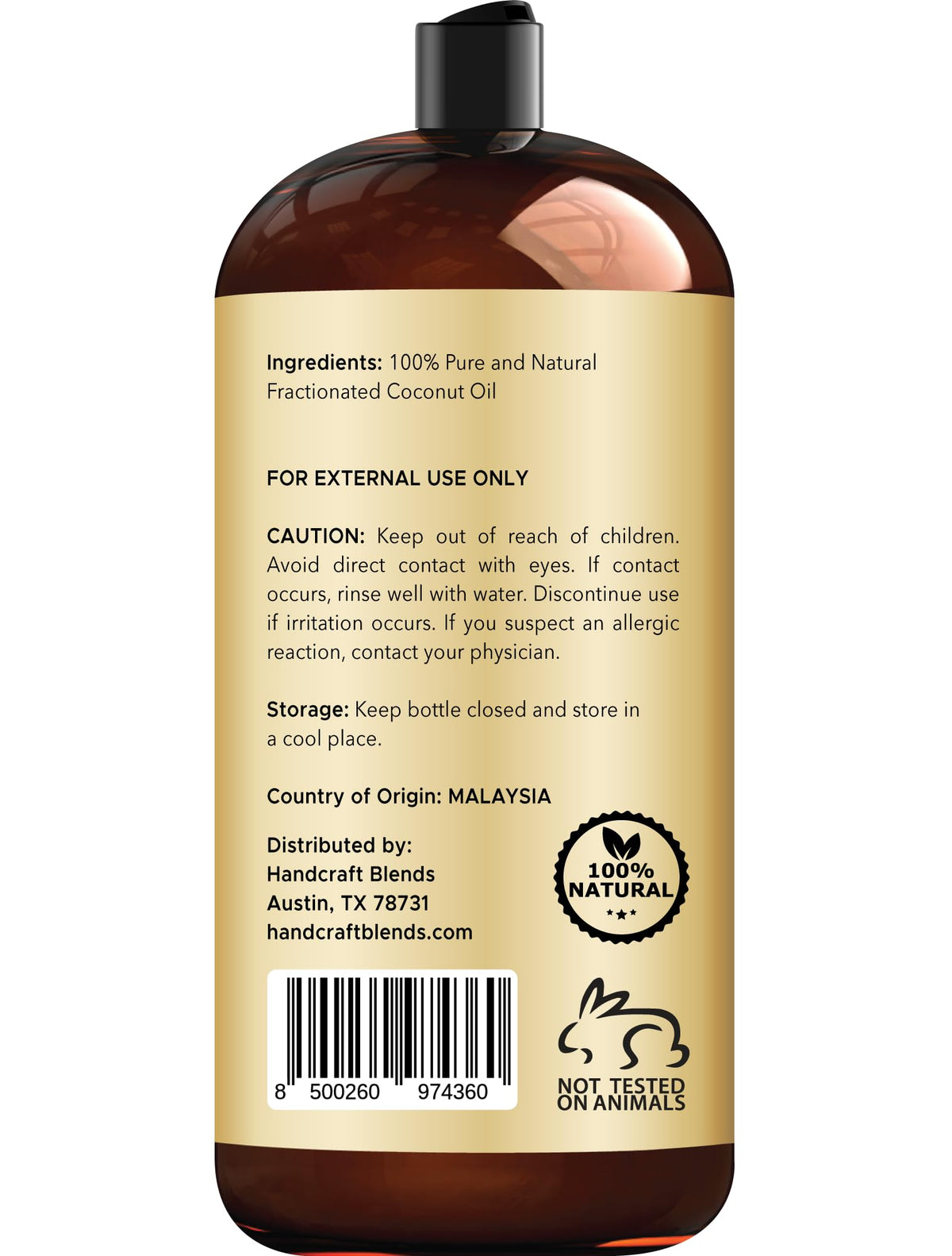 Side view of Handcraft Blends Fractionated Coconut Oil
