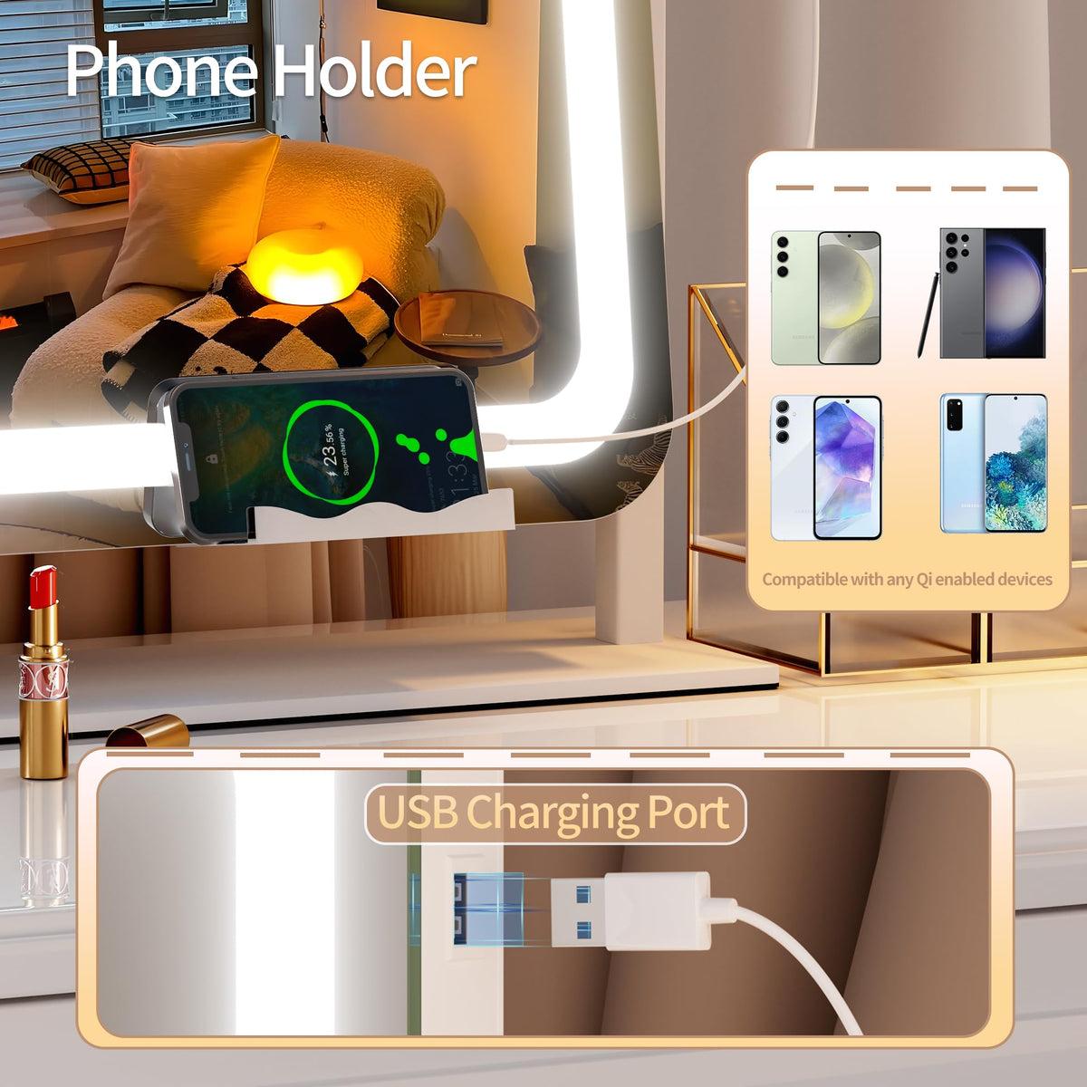 Side view of Hasipu Vanity Mirror with USB charging port