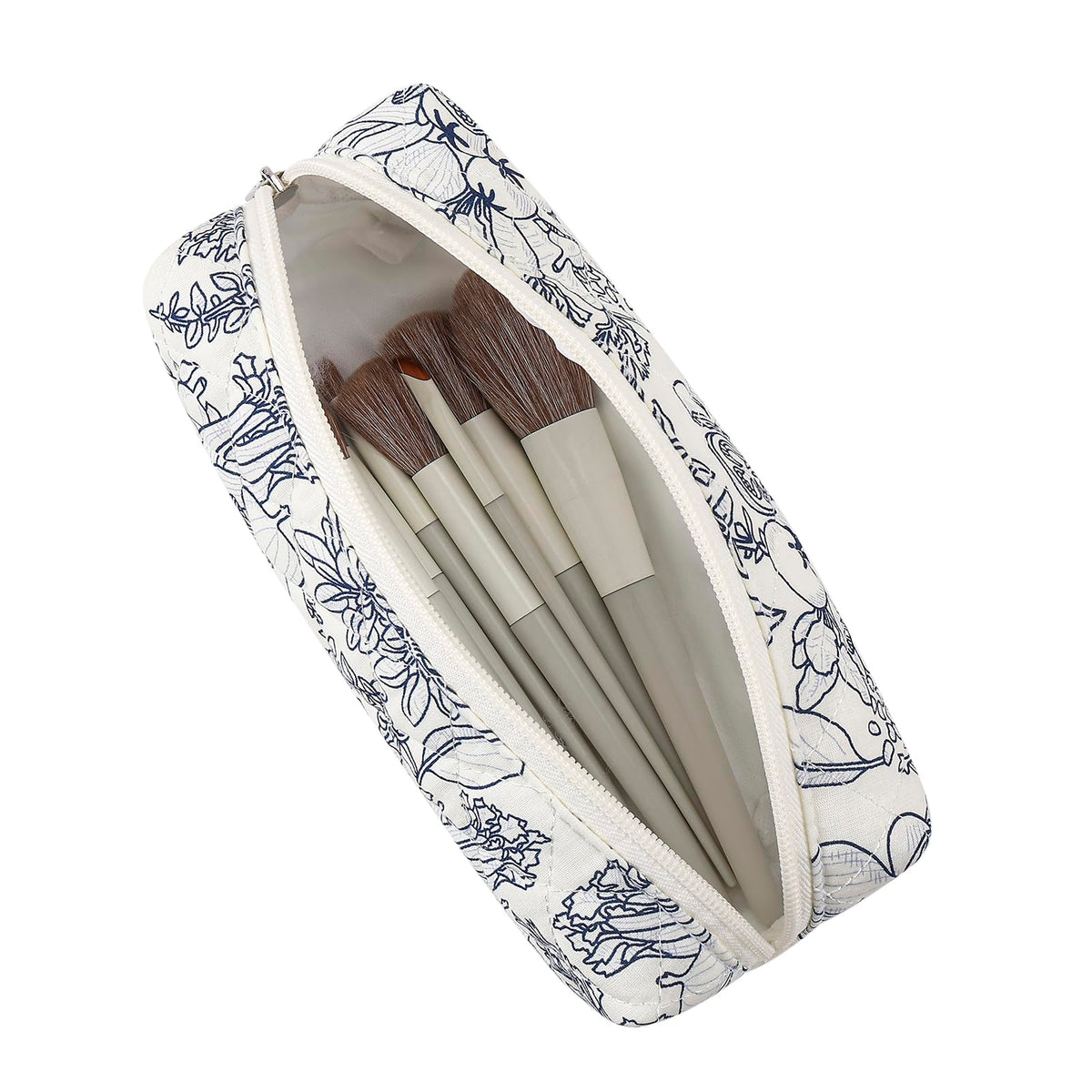 Side view of HHQQWZ Floral Cotton Makeup Brush Bag with floral pattern
