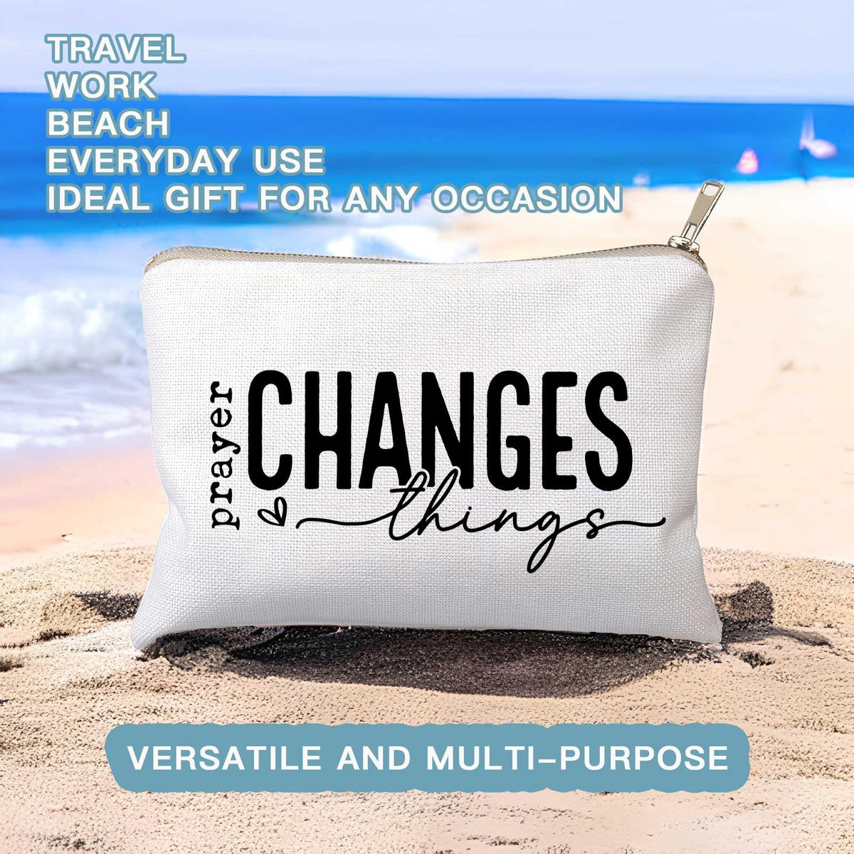 Side view of HubbgDesign Prayer Changes Things Makeup Bag