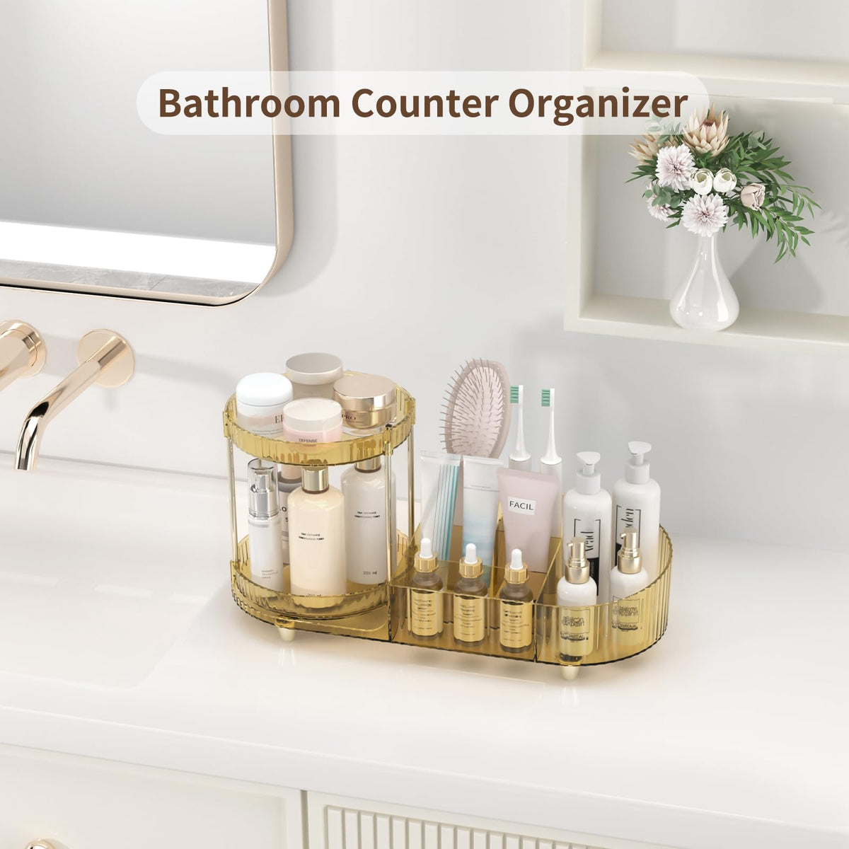 Side view of Jywantful Rotating Makeup Organizer on a vanity