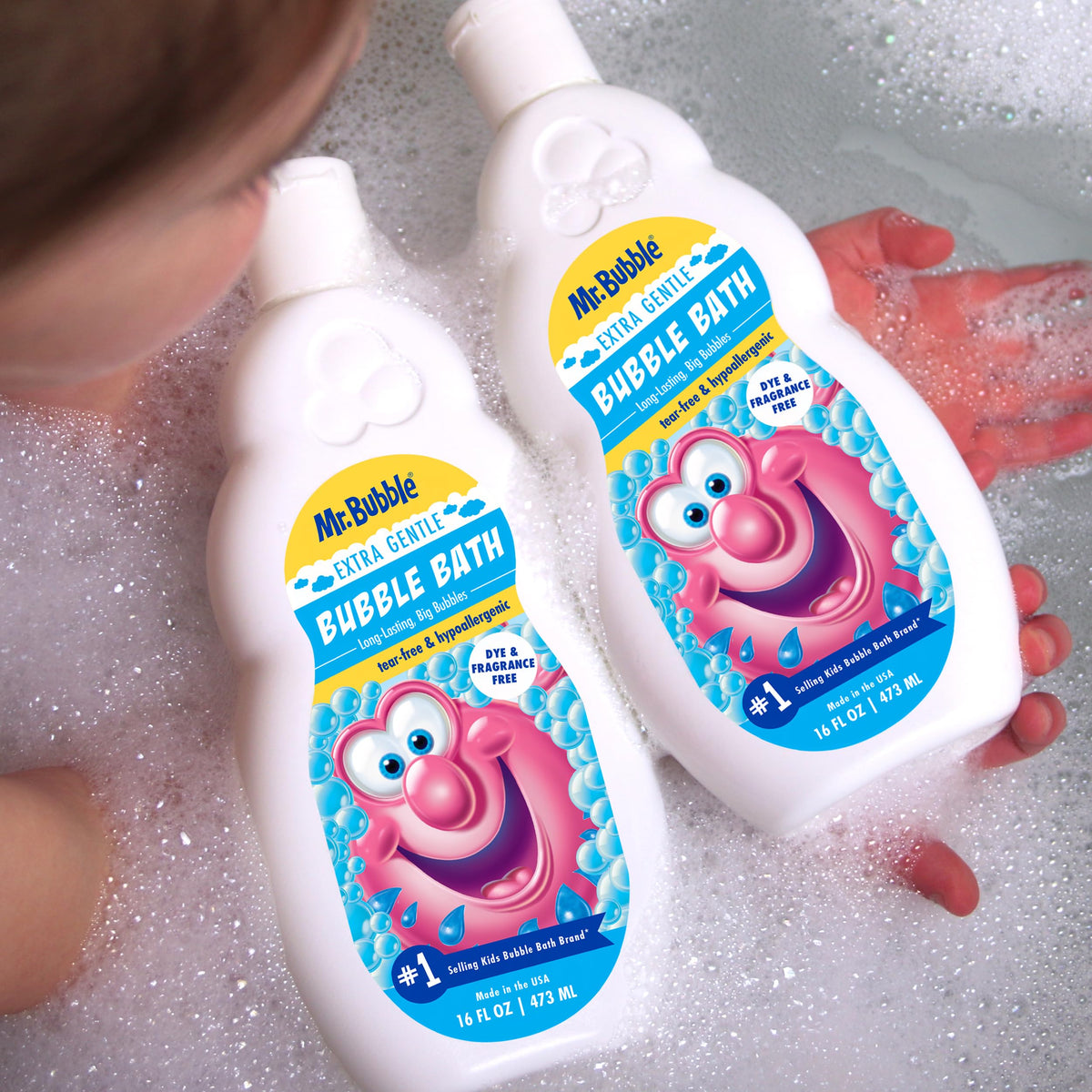 Side view of Mr. Bubble Extra Gentle Bubble Bath bottle