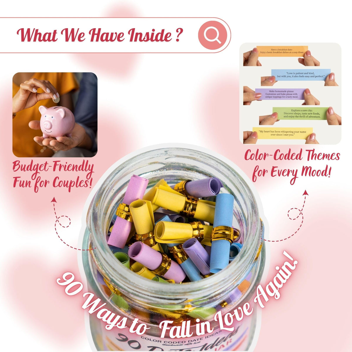 Side view of Musemory Date Ideas jar filled with creative date ideas