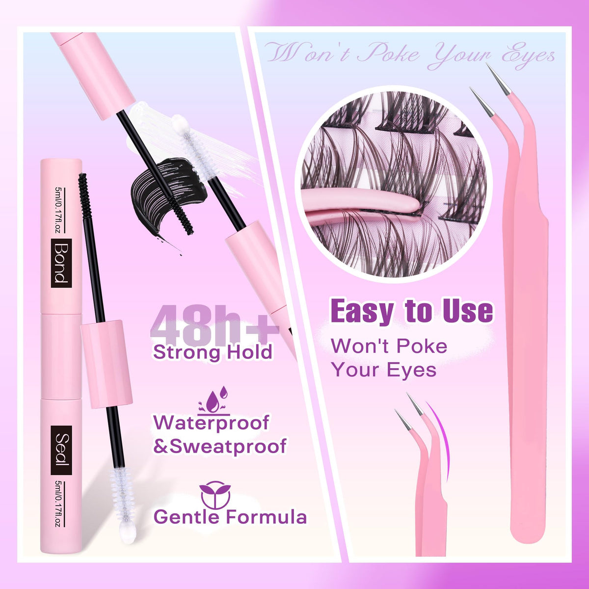 Side view of Newcally lash clusters showcasing natural tips