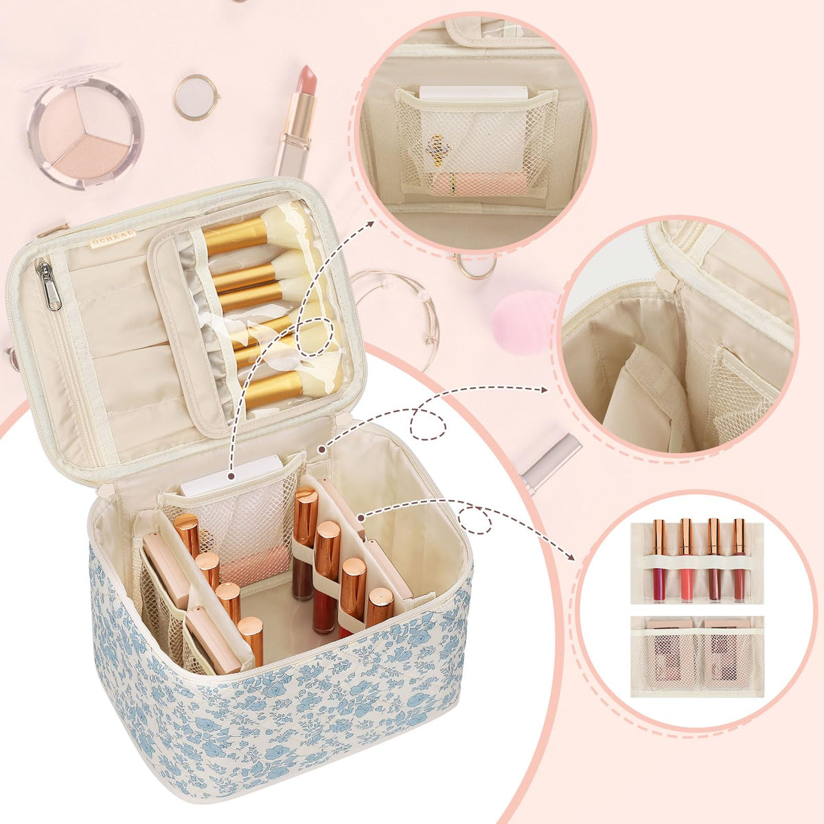 Side view of OCHEAL Travel Makeup Bag showing zipper details