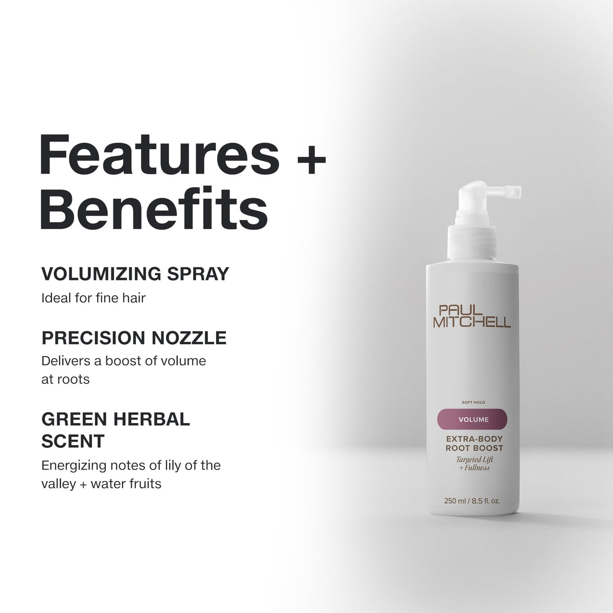 Side view of Paul Mitchell Extra-Body Root support Volumizing Spray