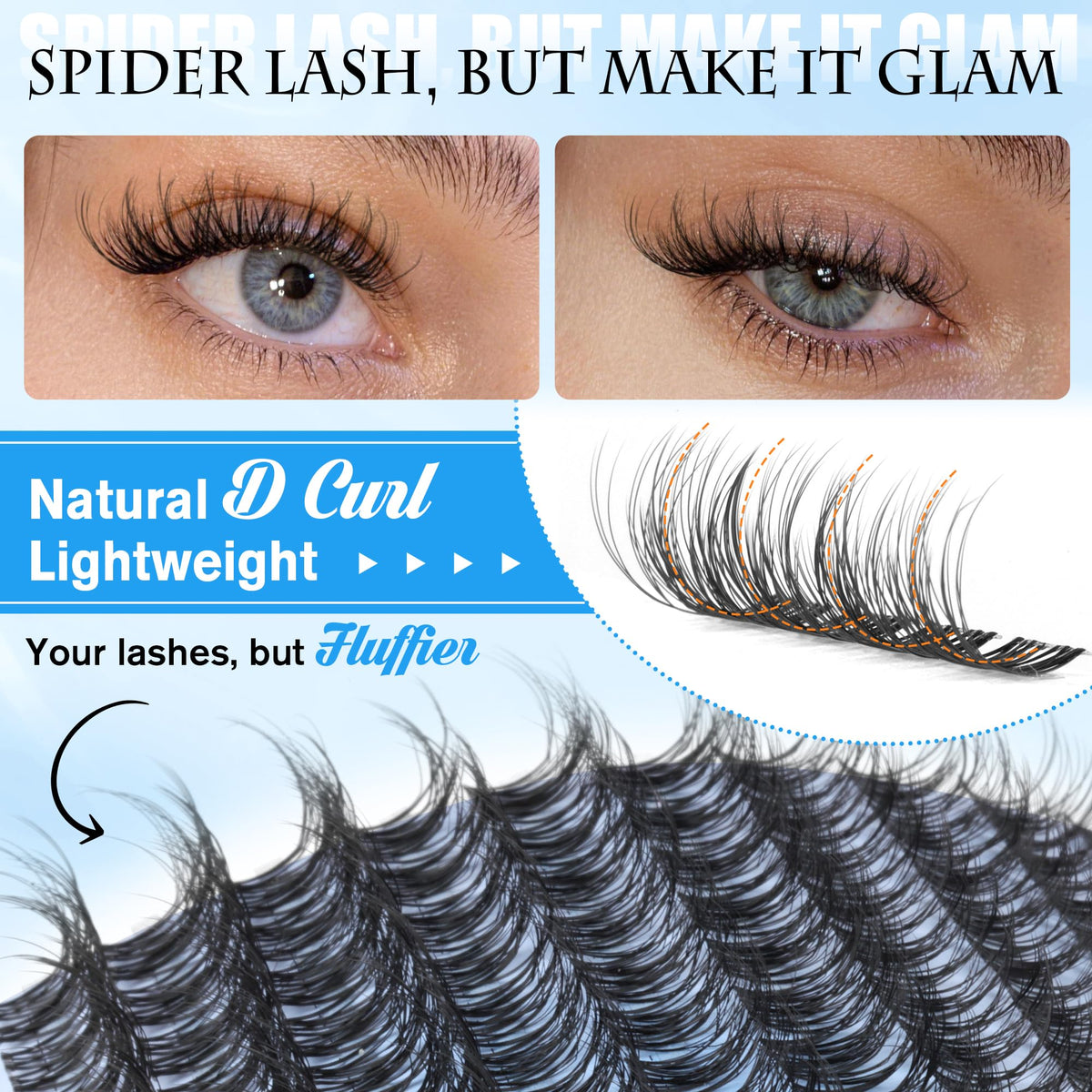 Side view of PHKERATA Spider Lash Clusters with fluffy texture