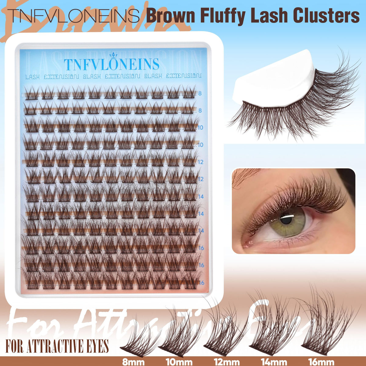 Side view of TNFVLONEINS brown lash clusters applied on lashes