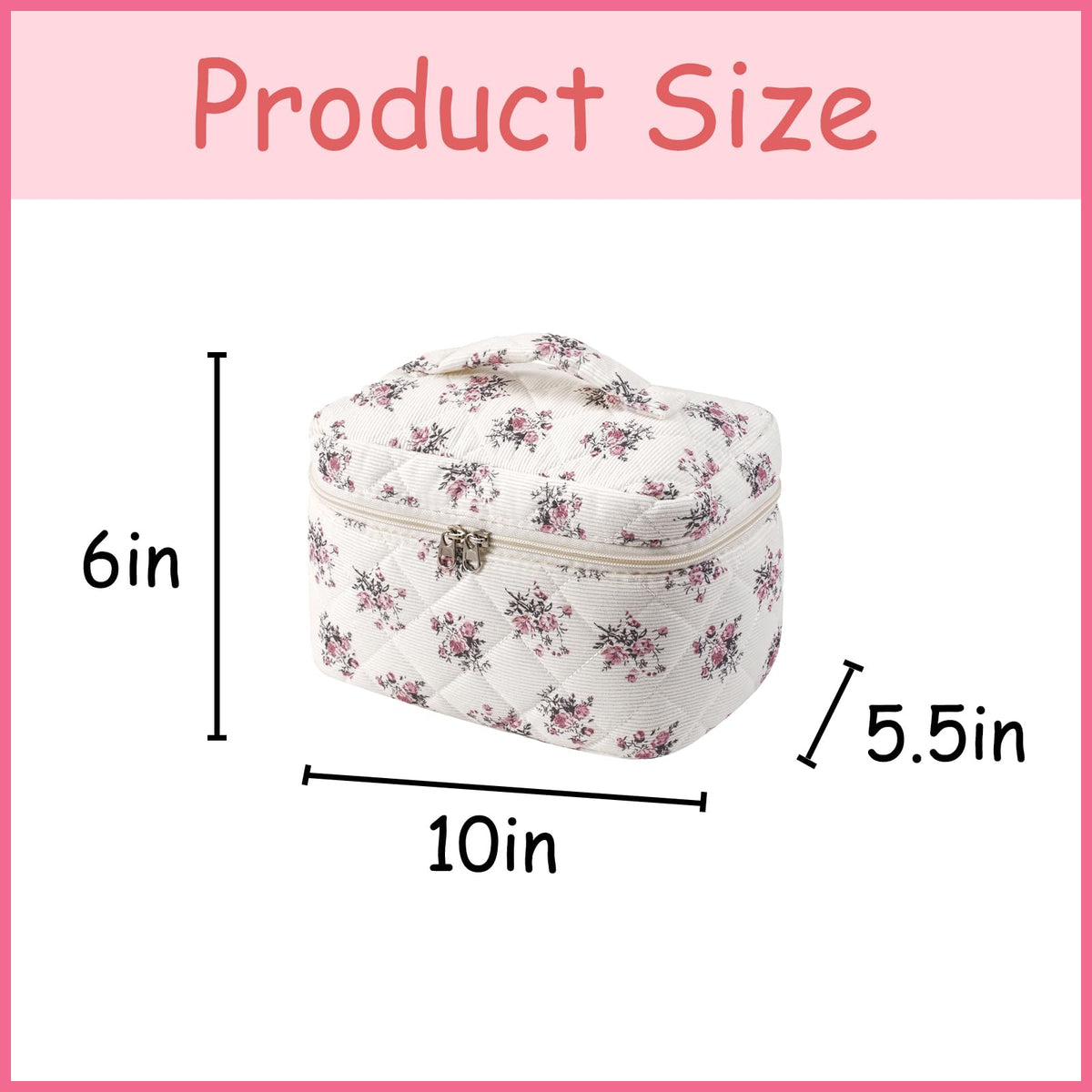 Side view of uekeboag Floral Cotton Makeup Bag showing zipper