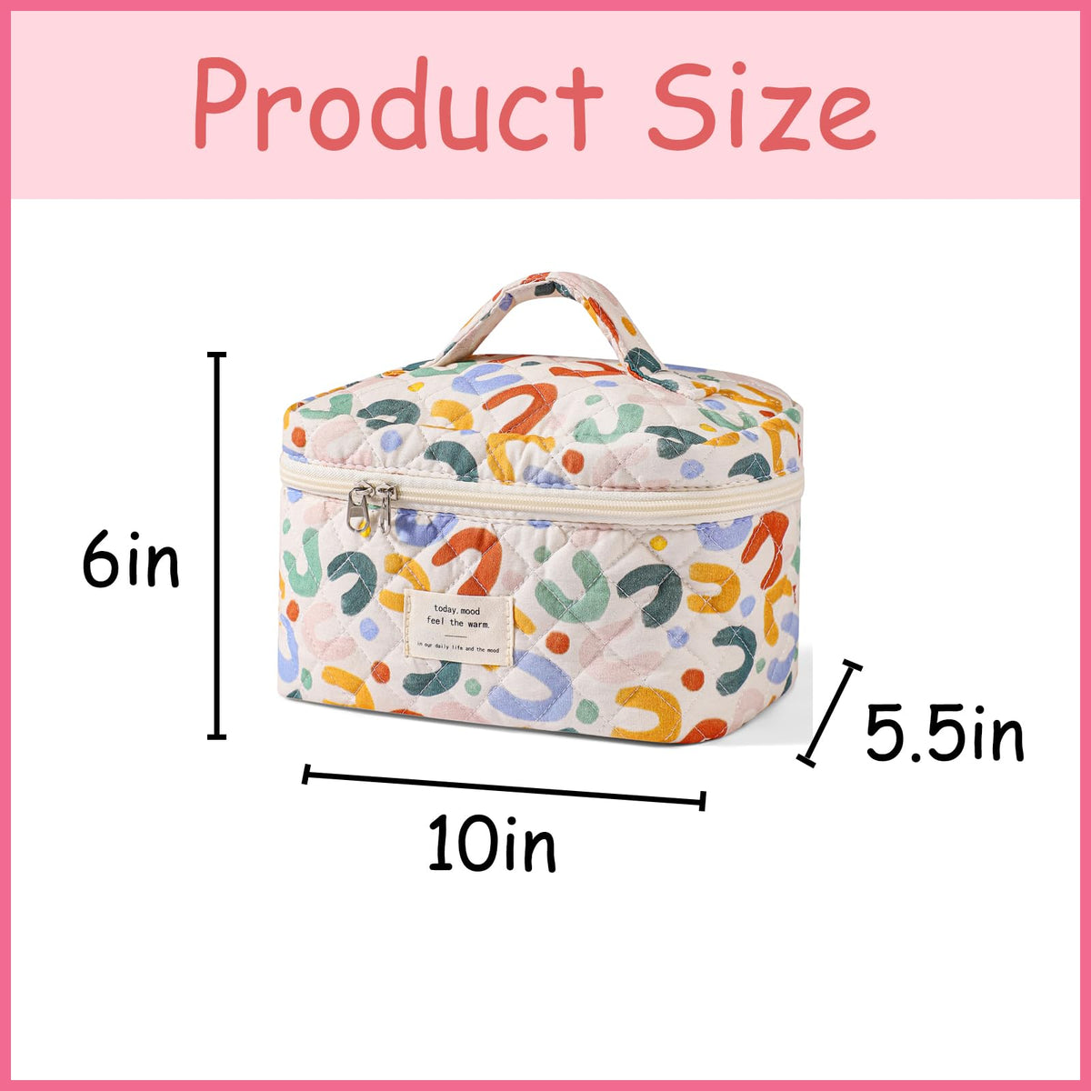 Side view of uekeboag Large Travel Quilted Makeup Bag showing zipper