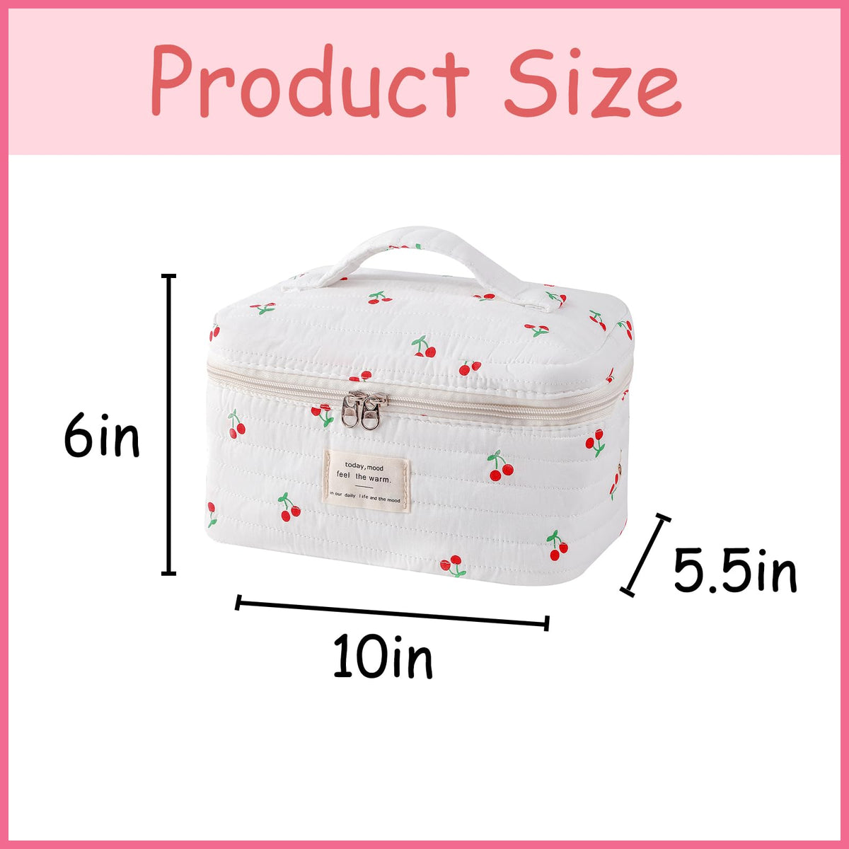 Side view of uekeboag Large Travel Quilted Makeup Bag showing zipper