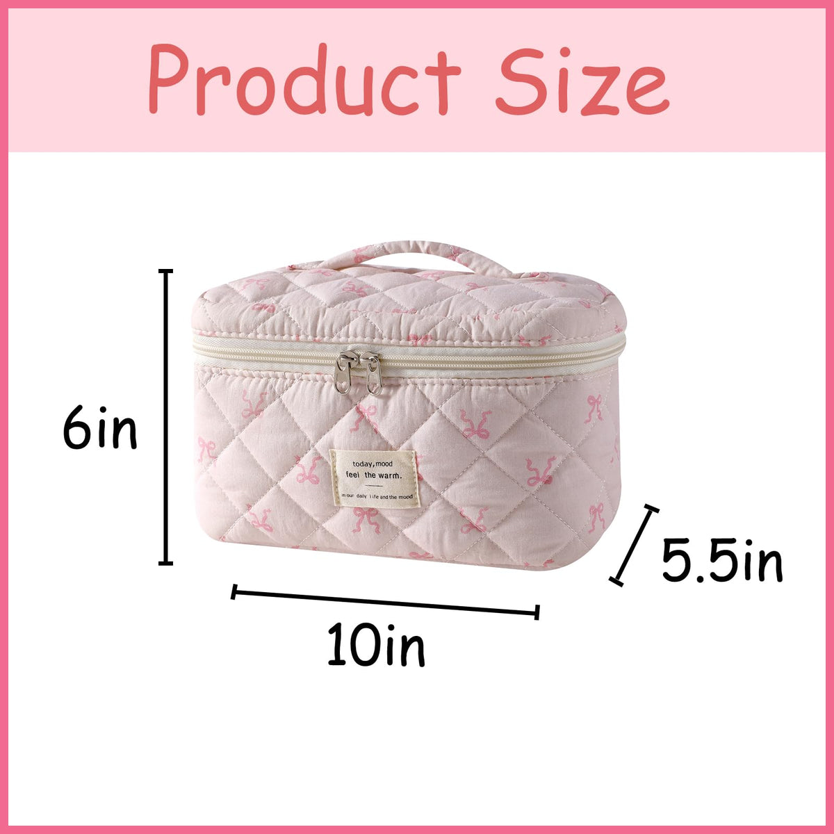 Side view of uekeboag Large Travel Quilted Makeup Bag showing zipper