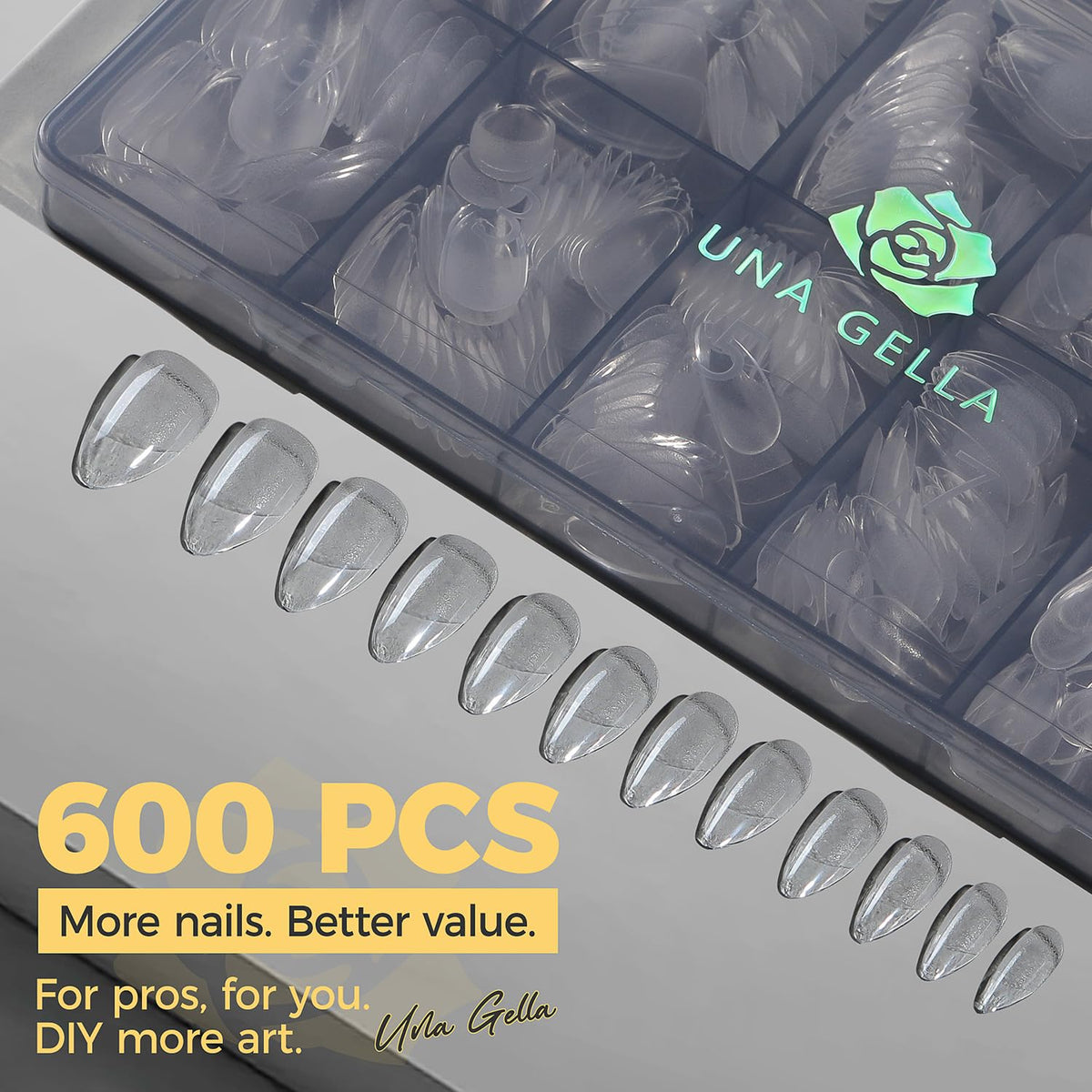 Side view of UNA GELLA almond gel nail tips