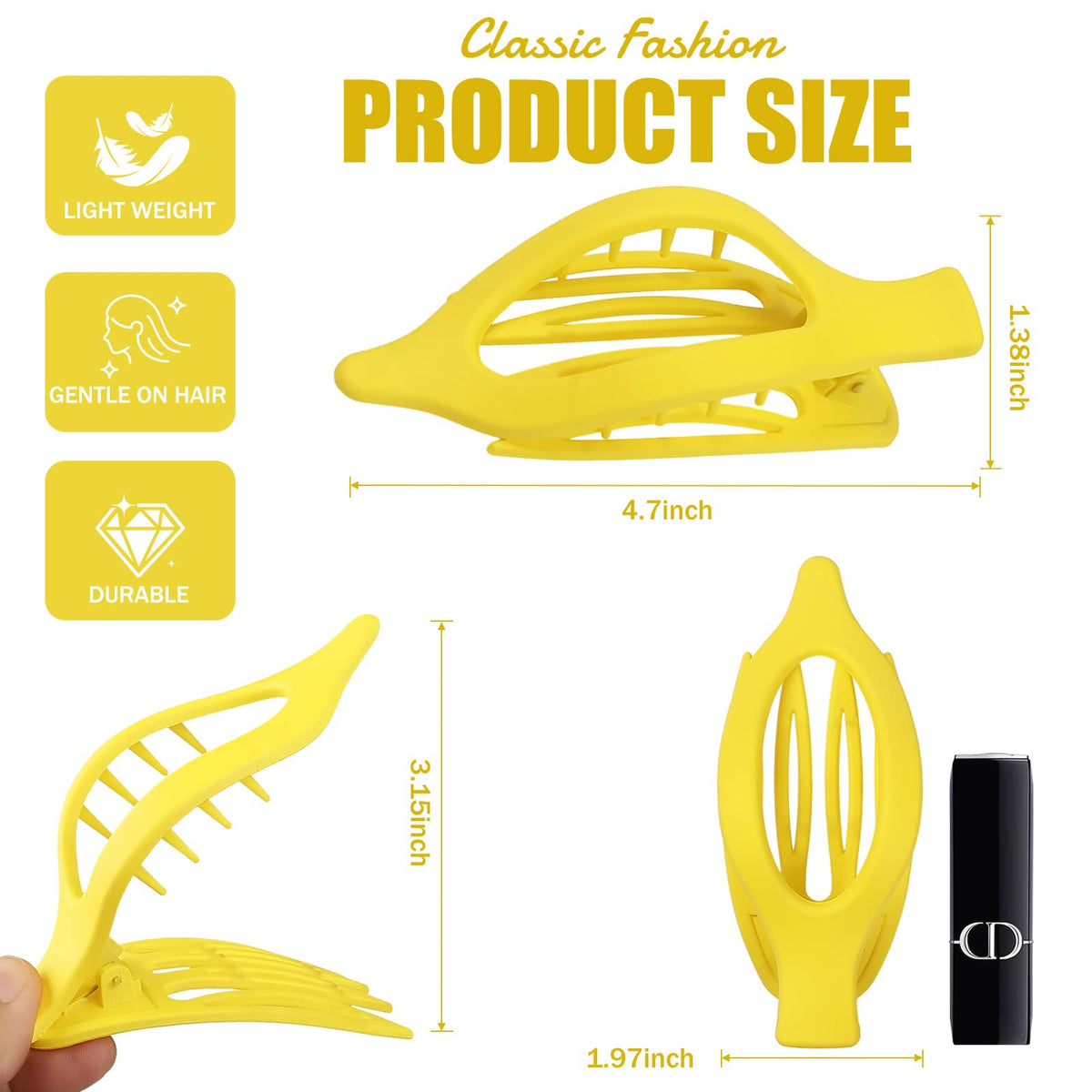 Side view of USDNICE Flat Hair Clip in yellow