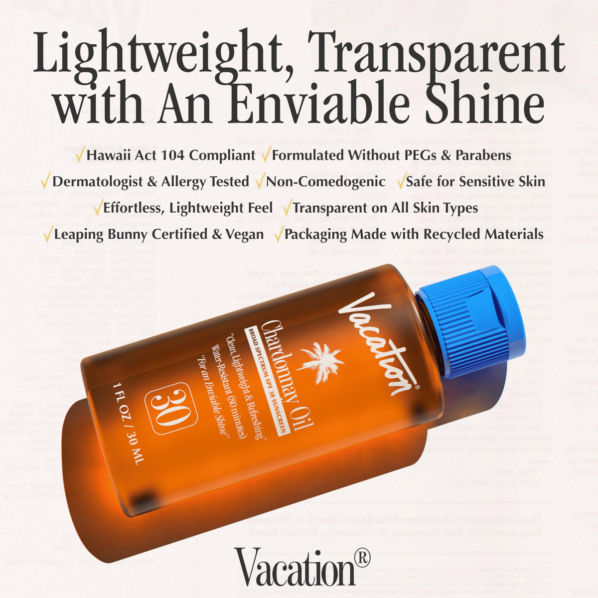 Side view of VACATION Mini Chardonnay Oil SPF 30 Sunscreen bottle