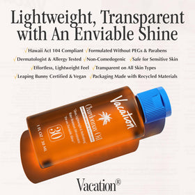 Side view of VACATION Mini Chardonnay Oil SPF 30 Sunscreen bottle