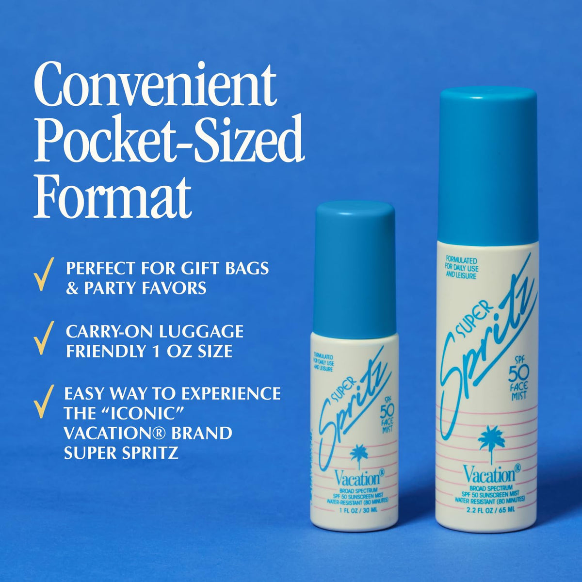 Side view of VACATION Mini Super Spritz SPF 50 face sunscreen