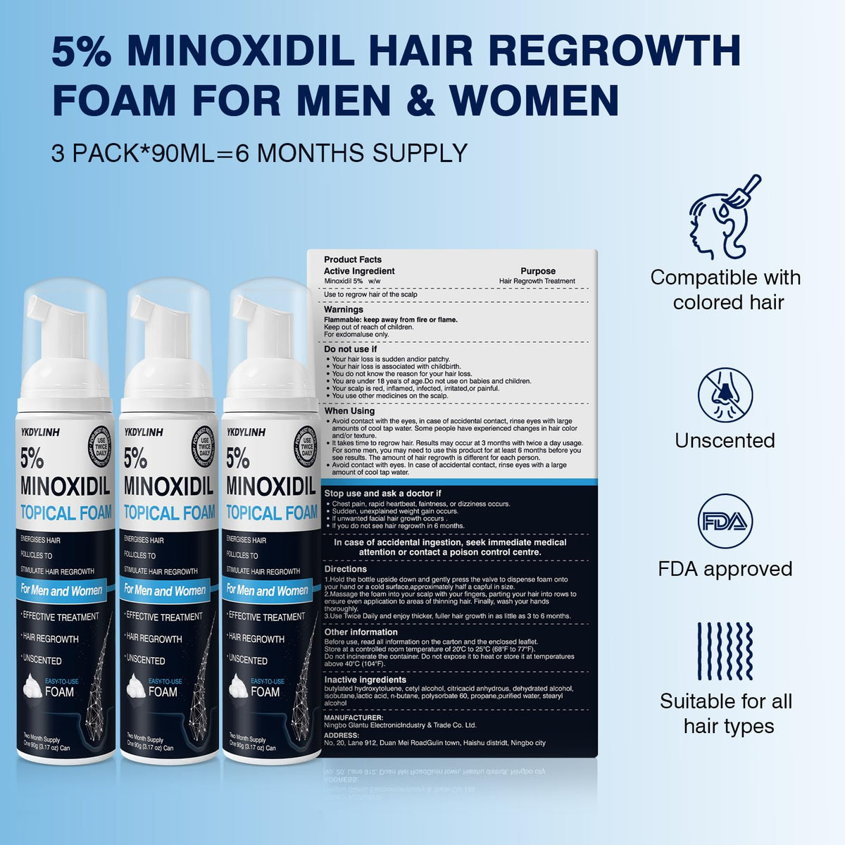 Side view of YKDYLINH Minoxidil Foam with ingredients list