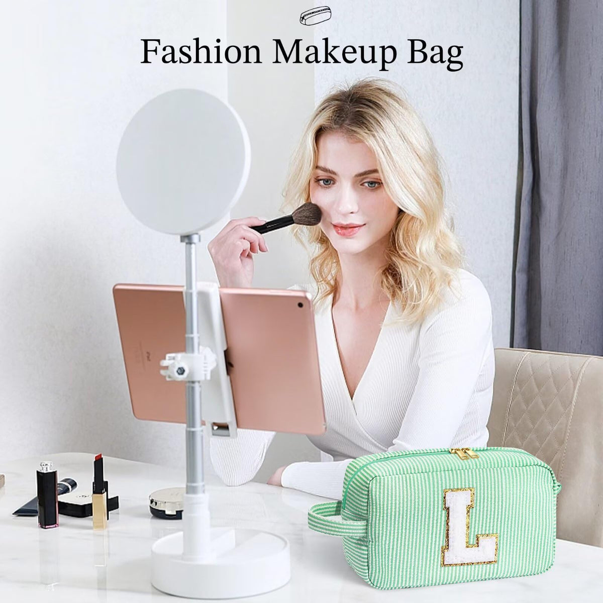 Side view of YOOLIFE Initial Cosmetic Bag in light green