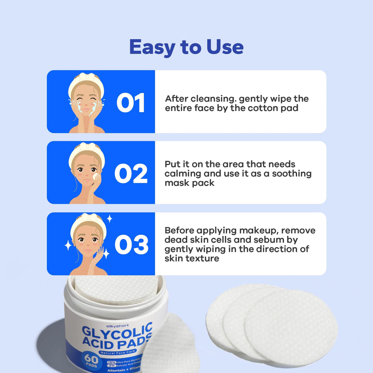 SilkyShark Glycolic Acid Resurfacing Pads packaging details