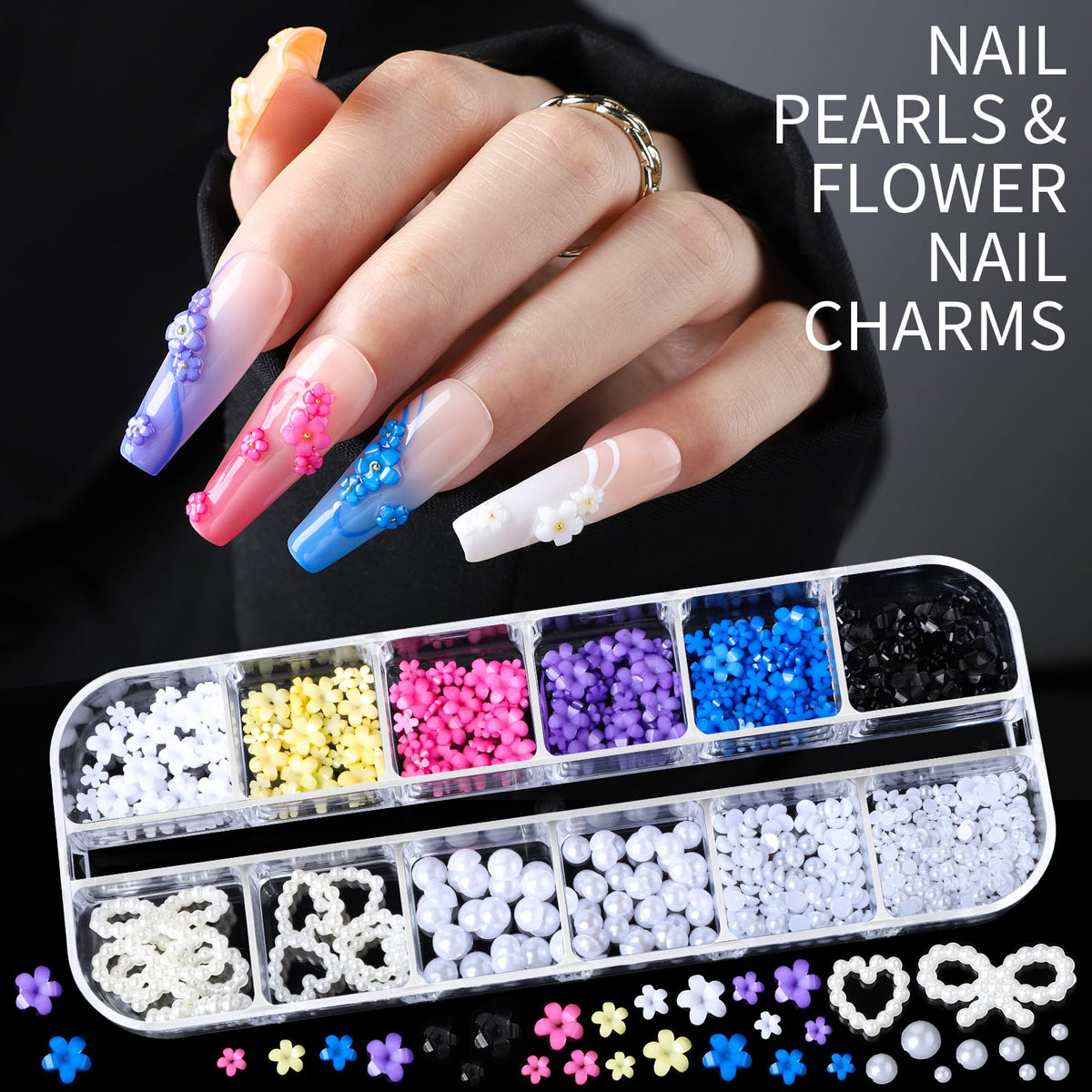Silver and AB rhinestones in different sizes for nail art