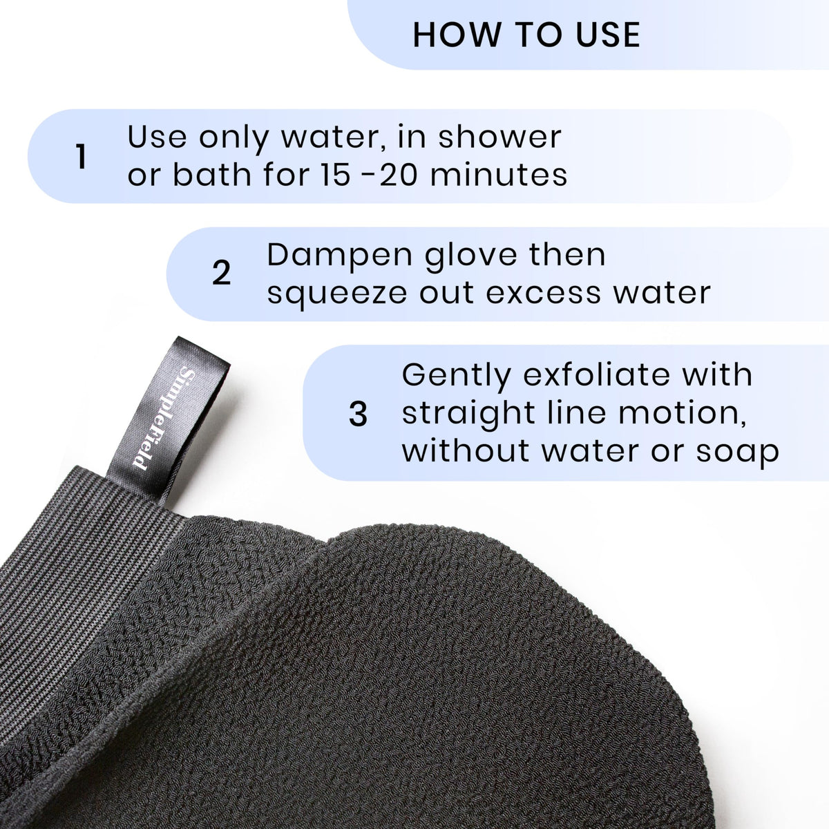SimpleField Exfoliating Mitt displayed with other bathing accessories