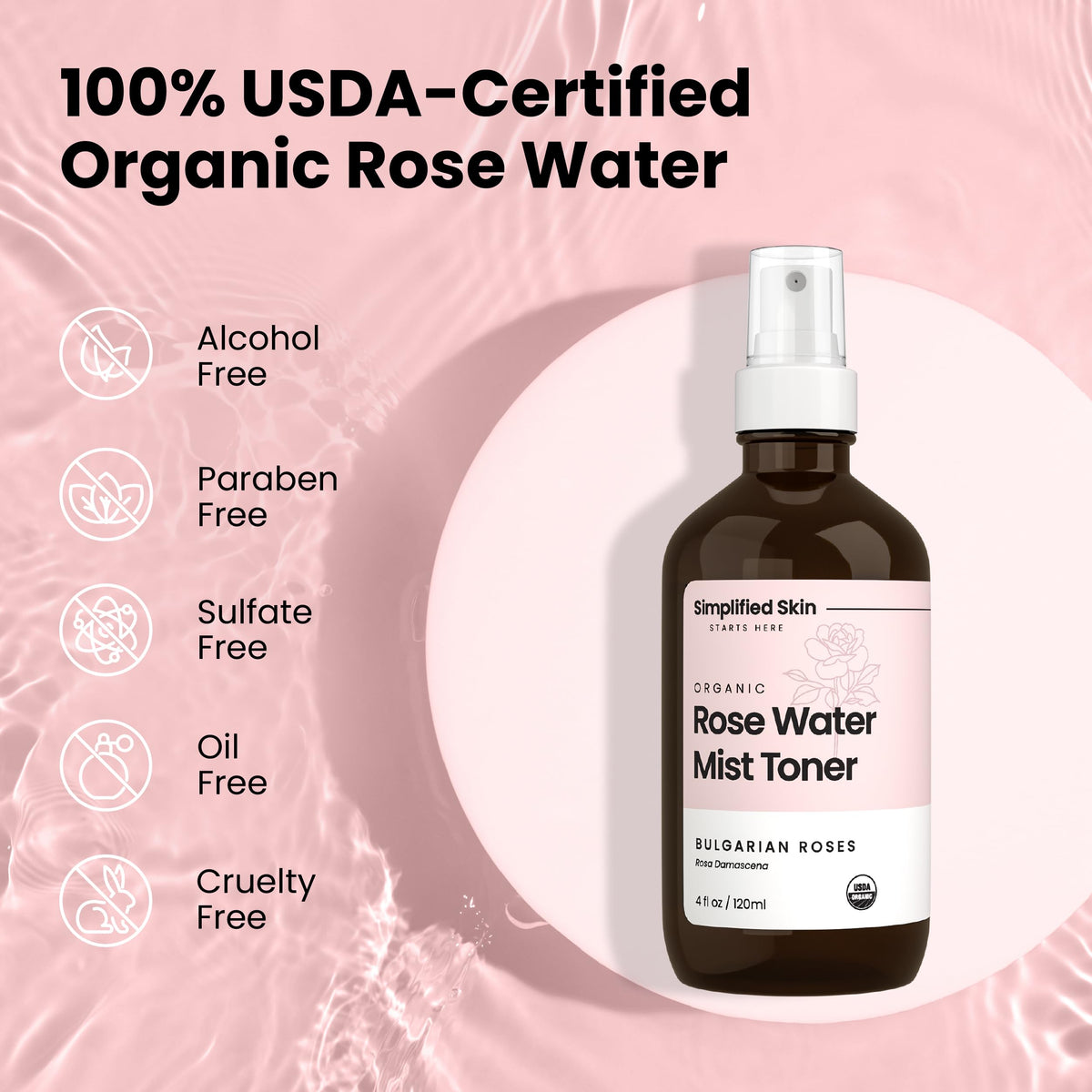 Simplified Skin Rose Water Spray on a bathroom shelf